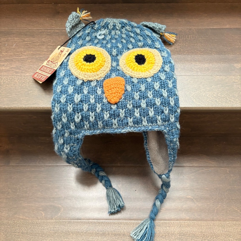 NWT Andes Gifts Owl Earflap Beanie Hat Unisex‎ One Size Blue Alpaca Blend Knit